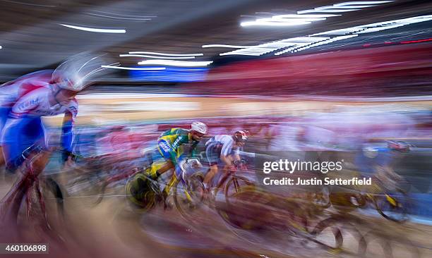 Gideoni Monteiro of Brazil competes during the Men's Omnium on day three of the UCI Track Cycling World Cup at the Lee Valley Velopark Velodrome on...