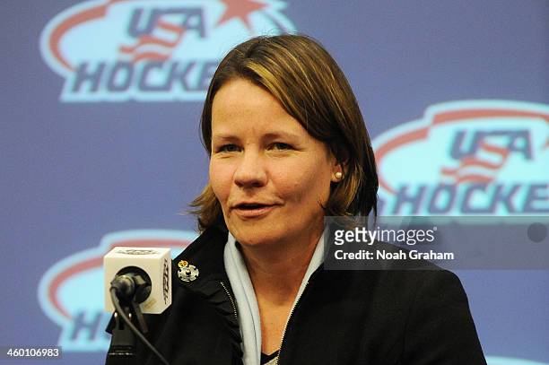 Reagan Carey of the United States Women's hockey team for the 2014 Sochi Olympics is interviewed at a press conference during the 2014 Bridgestone...