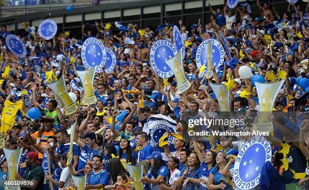 Fans of Cruzeiro celebrate a victory after a match between Cruzeiro and Fluminense as part of Brasileirao Series A 2014 at Mineirao Stadium on...