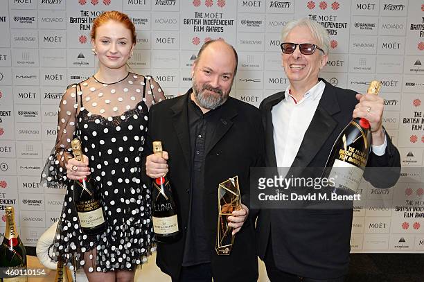 Sophie Turner, Dave McKean, winner of The Raindance Award for Luna, and Elliot Grove pose at The Moet British Independent Film Awards 2014 at Old...