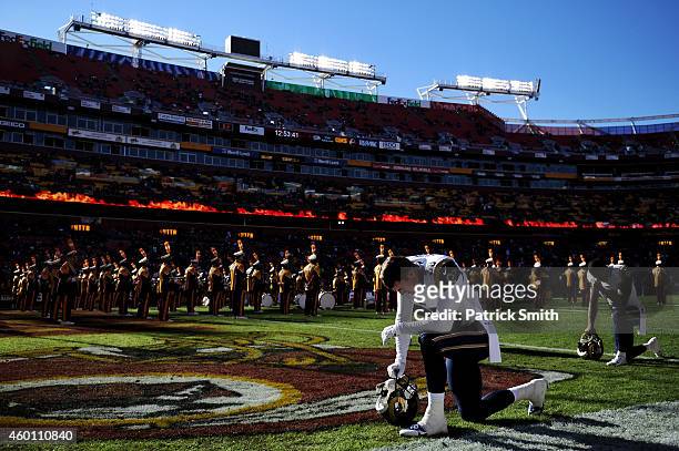Defensive back Cody Davis of the St. Louis Rams has a moment to himself before playing the Washington Redskins at FedExField on December 7, 2014 in...