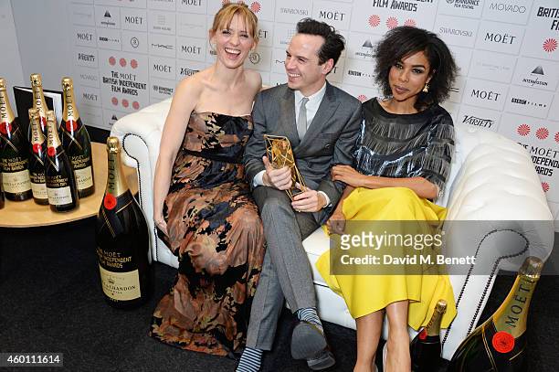 Anne-Marie Duff, Andrew Scott, winner of the Best Supporting Actor award for "Pride", and Sophie Okonedo pose at The Moet British Independent Film...
