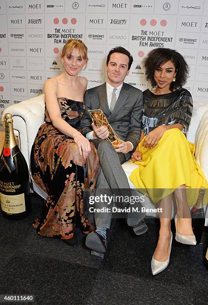 Anne-Marie Duff, Andrew Scott, winner of the Best Supporting Actor award for "Pride", and Sophie Okonedo pose at The Moet British Independent Film...