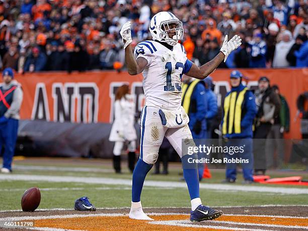 Hilton of the Indianapolis Colts celebrates his game winning touchdown during the fourth quarter against the Cleveland Browns at FirstEnergy Stadium...