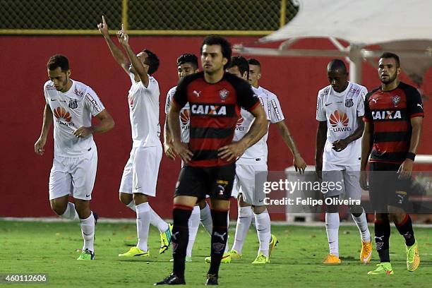 Thiago Ribeiro of Santos celebrates a scored goal against Vitoria during the match between Vitoria and Santos as part of Brasileirao Series A 2014 at...