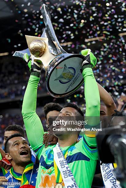 Players of Cruzeiro celebrate after winning the the cup of champions against Fluminense during the Brasileirao Series A 2014 at Mineirao Stadium on...