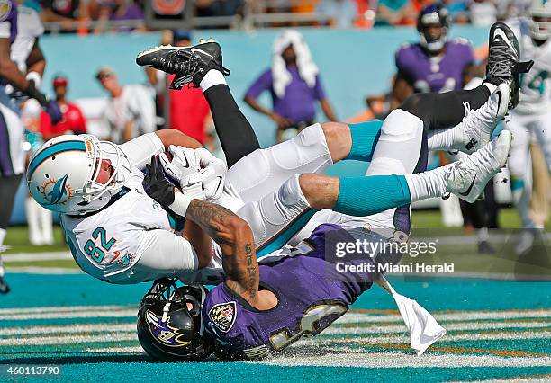 Miami Dolphins wide receiver Brian Hartline scores as Baltimore Ravens cornerback Asa Jackson defends during the first quarter on Sunday, Dec. 7 at...