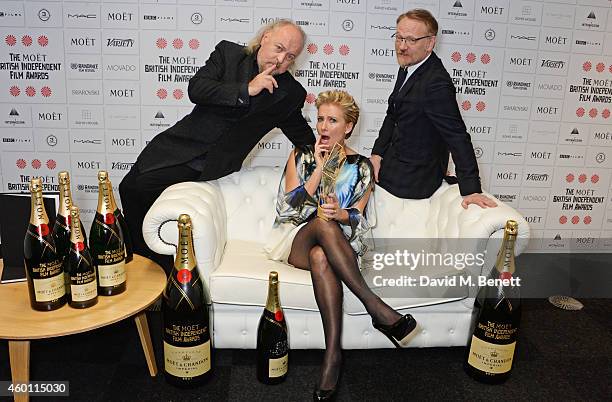 Bill Bailey, Emma Thompson, winner of the Richard Harris Award, and Jared Harris pose at The Moet British Independent Film Awards 2014 at Old...