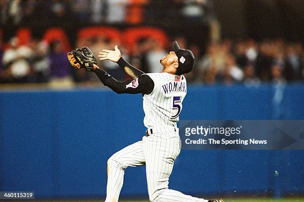 Tony Womack of the Arizona Diamondbacks fields during Game Five of the World Series against the New York Yankees on November 1, 2001 at Yankee...