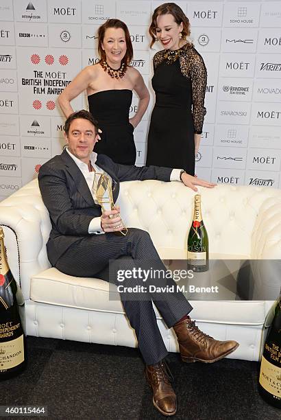 Jon Ronson, winner of the Best Screenplay award for "Frank", Lesley Manville and Chloe Pirrie pose at The Moet British Independent Film Awards 2014...