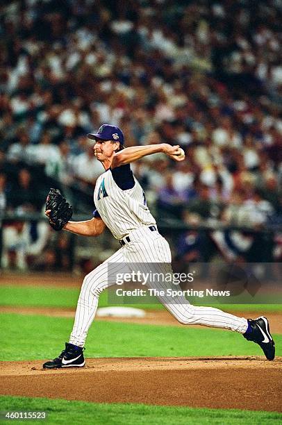 Randy Johnson of the Arizona Diamondbacks pitches during Game Two of the World Series against the New York Yankees on October 28, 2001 at Bank One...