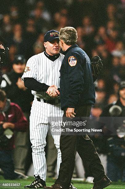 United States president George H.W. Bush shakes hands with New York Yankees catcher Todd Greene prior to throwing out the first pitch before Game...