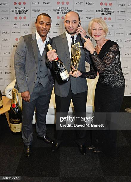 Presenters Ashley Walters, a guest accepting the Most Promising Newcomer award for Sameena Jabeen Ahmed for "Catch Me Daddy" and Dame Helen Mirren...