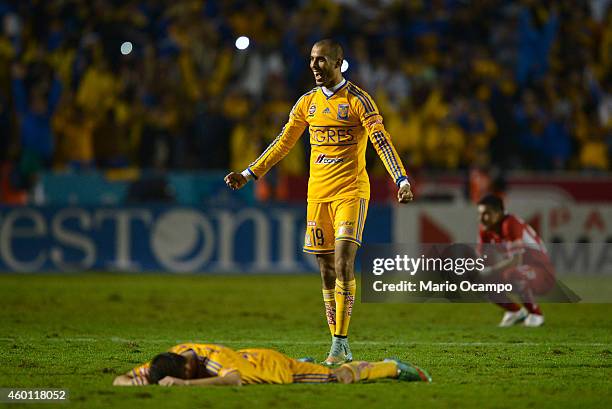Guido Pizarro of Tigres celebrates at the end of a semifinal second leg match between Tigres UANL and Toluca as part of the Apertura 2014 Liga MX at...