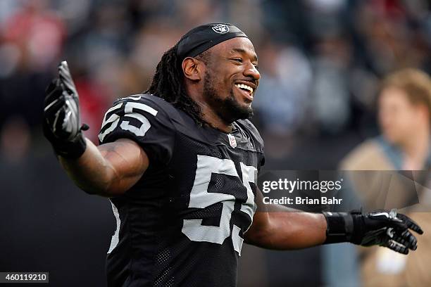 Sio Moore of the Oakland Raiders celebrates their win against the San Francisco 49ers at O.co Coliseum on December 7, 2014 in Oakland, California.