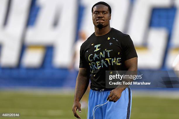 Outside linebacker Melvin Ingram of the San Diego Chargers, wearing a shirt that refers to words uttered by Eric Garner before he died while being...