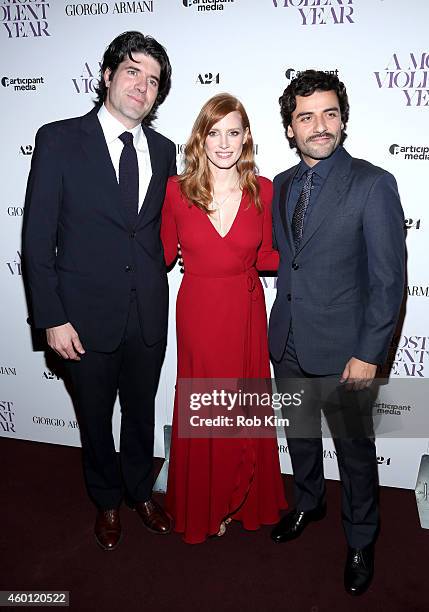 Chandor, Jessica Chastain and Oscar Isaac attend Giorgio Armani Presents The New York Premiere Of A24's "A Most Violent Year" at Florence Gould Hall...
