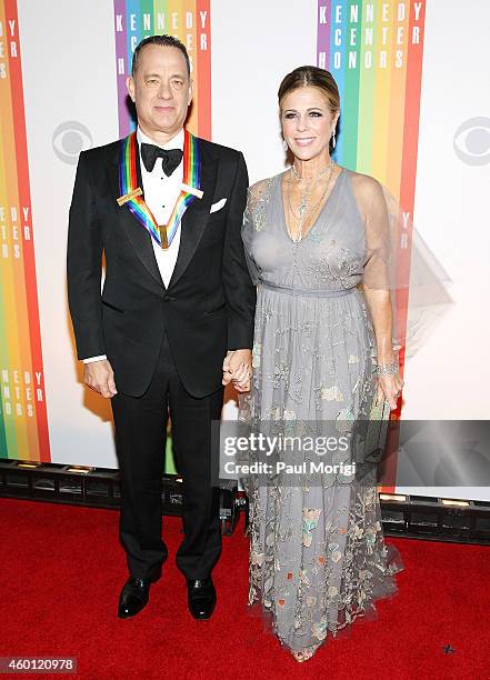 Honoree Tom Hanks and his wife Rita Wilson arrive at the 37th Annual Kennedy Center Honors at the John F. Kennedy Center for the Performing Arts on...