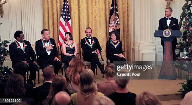 Honorees Singer Al Green, actor/producer Tom Hanks, ballerina Patricia McBride, musician Sting and actress/comedienne Lily Tomlin with President...