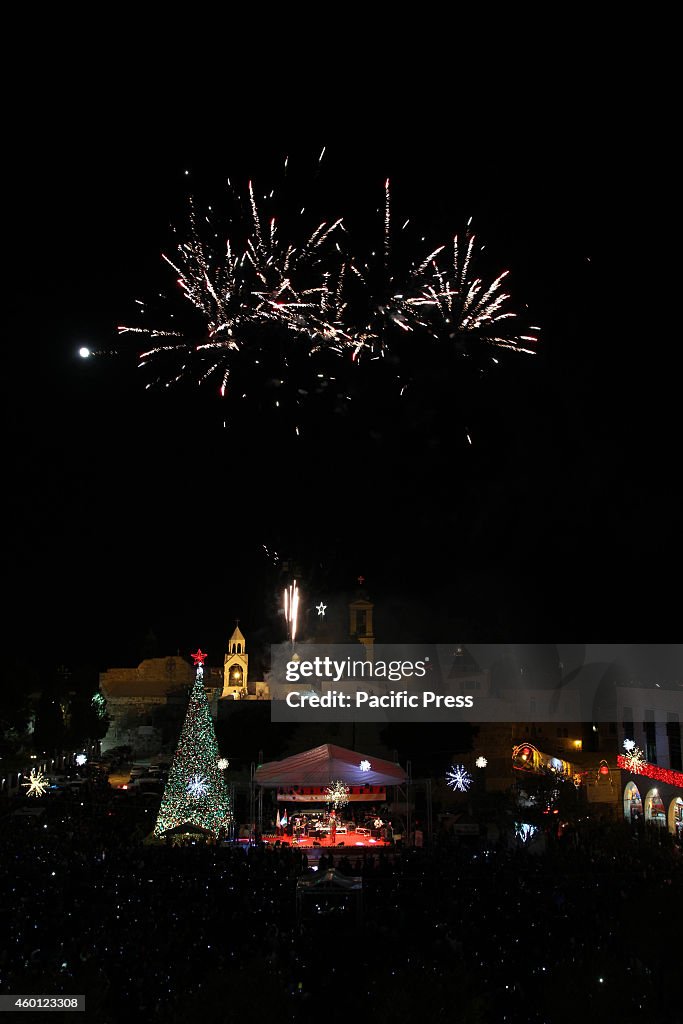 Fireworks display during a Christmas tree lighting ceremony...