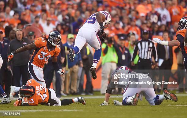 Bills running back Bryce Brown leaps for extra yardage during the second quarter on Sunday, Dec. 7 at Sports Authority Field at Mile High in Denver.