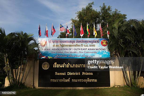 Sign for the Koh Samui District prison where Zaw Lin and Win Zaw Htun are being held on December 8, 2014 in Koh Samui, Thailand. Zaw Lin and Win Zaw...