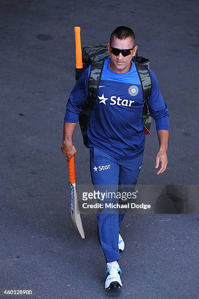 Dhoni walks to the nets during an India Training Session at Adelaide Oval on December 8, 2014 in Adelaide, Australia. Dhoni was earlier announced at...