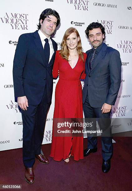 Chandor, Jessica Chastain and Oscar Isaac attends "A Most Violent Year" New York Premiere at Florence Gould Hall on December 7, 2014 in New York City.