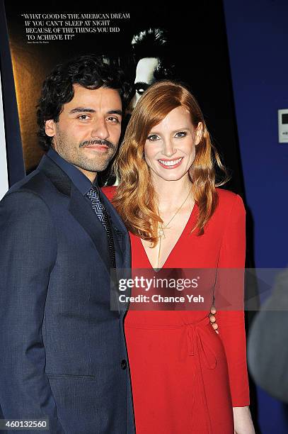 Oscar Isaac and Jessica Chastain attends "A Most Violent Year" New York Premiere at Florence Gould Hall on December 7, 2014 in New York City.