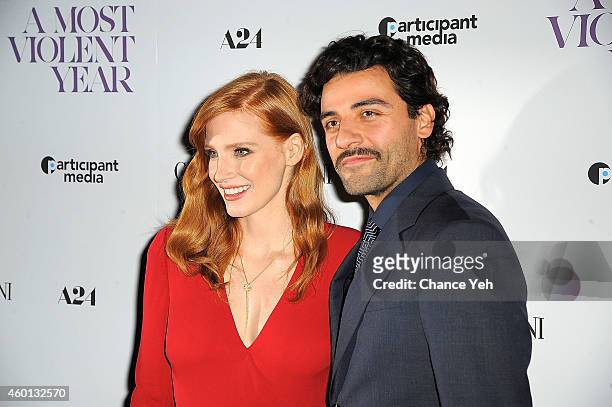 Jessica Chastain and Oscar Isaac attends "A Most Violent Year" New York Premiere at Florence Gould Hall on December 7, 2014 in New York City.