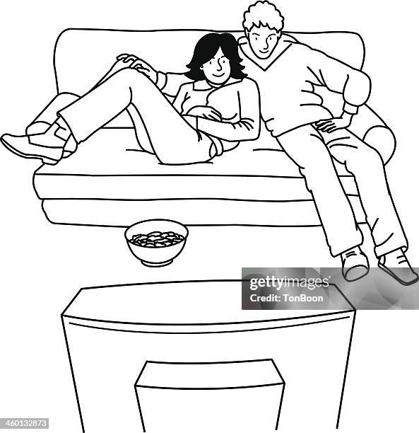 stockillustraties, clipart, cartoons en iconen met young couple watching television - televisie kijken