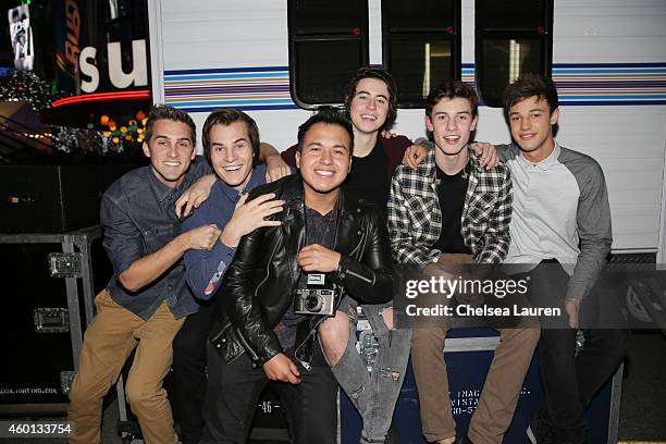 Cody Johns, Marcus Johns, Bryant Eslava, Nash Grier, musician Shawn Mendes and Cameron Dallas attend KIIS FM's Jingle Ball Village at Chick Hearn...