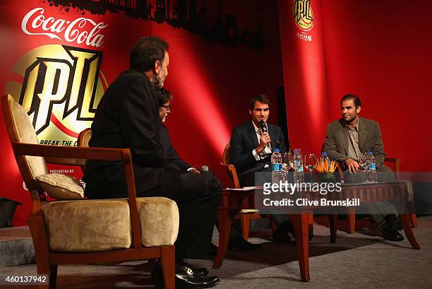 Roger Federer and Pete Sampras of the Indian Aces are interviewed on stage at the Coca-Cola gala dinner during the Coca-Cola International Premier...
