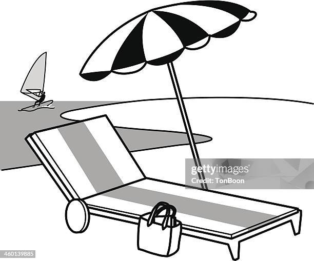 ilustraciones, imágenes clip art, dibujos animados e iconos de stock de sillón reclinable y sombrilla en la playa - bolsa de playa
