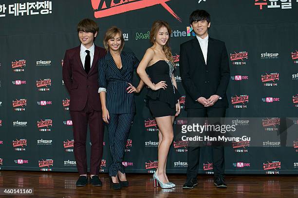 Singers K. Will, Hyolyn , Soyou of South Korean girl group SISTAR and Junggigo attend the Mnet "No. Mercy" press conference on December 8, 2014 in...