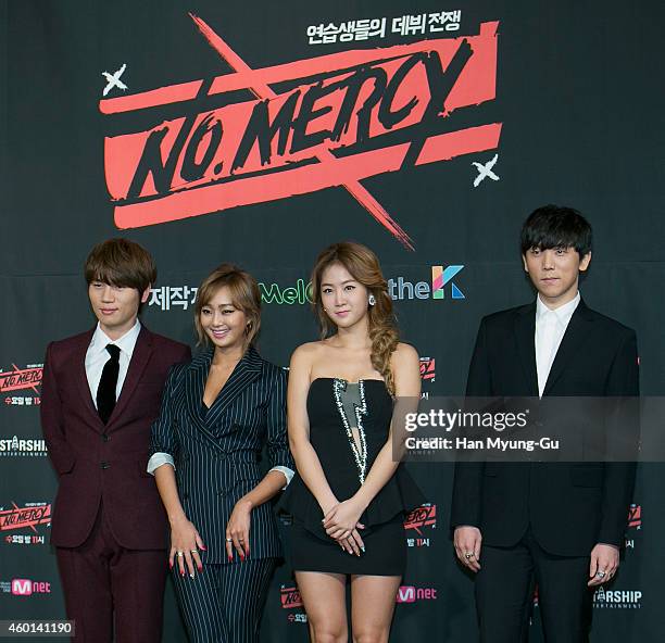 Singers K. Will, Hyolyn , Soyou of South Korean girl group SISTAR and Junggigo attend the Mnet "No. Mercy" press conference on December 8, 2014 in...