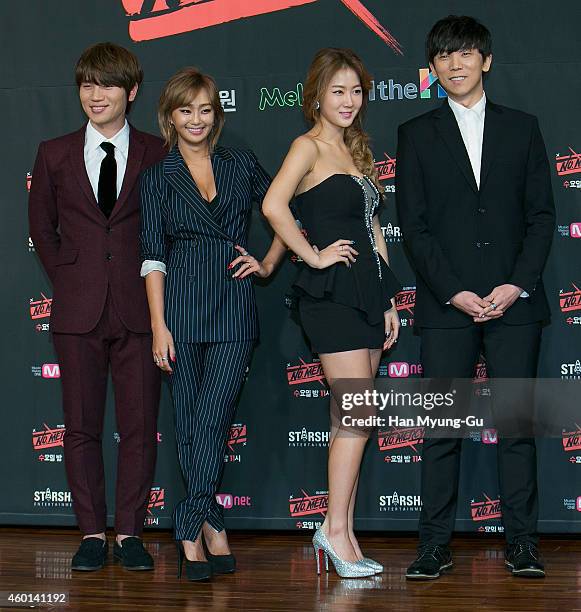 Singers K. Will, Hyolyn , Soyou of South Korean girl group SISTAR and Junggigo attend the Mnet "No. Mercy" press conference on December 8, 2014 in...