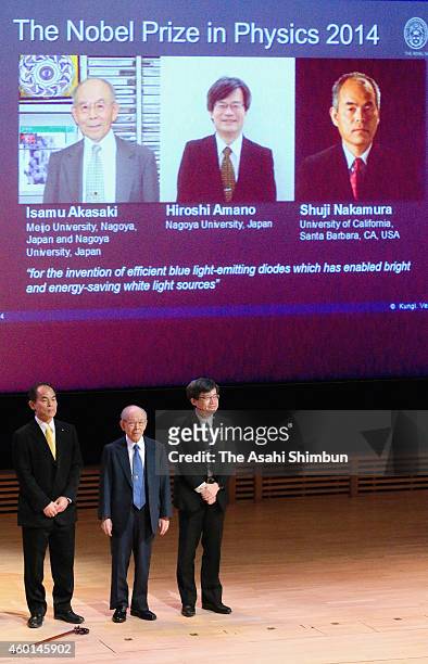 Japanese Nobel Prize laureates in physics Shuji Nakamura, Isamu Akasaki and Hiroshi Amano are introduced to the audience during the memorial speech...