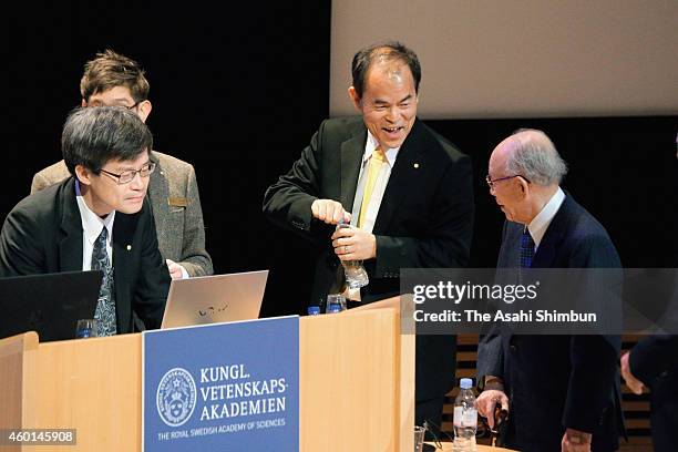 Japanese Nobel Prize laureates in physics Hiroshi Amano, Shuji Nakamura and Isamu Akasaki are seen during the memorial speech at Stcokholm University...