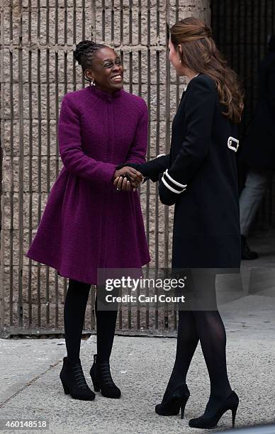 Catherine, Duchess of Cambridge , is greeted by Chirlane McCray, the wife of the current New York mayor, as she arrives at Northside Center for Child...