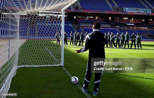 Massimo Busacca, head of FIFA Refereeing Department, tests the goal-line technology at Le Grand Stade de Marrakechl on December 8, 2014 in Marrakech,...