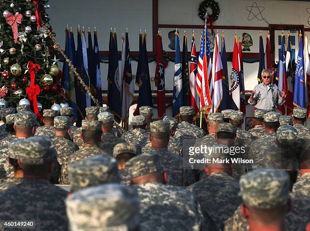 Secretary of Defense Chuck Hagel speaks to U.S. Troops during a visit, December 8, 2014 at Camp Buehring, Kuwait. Secretary Hagel visited the camp...