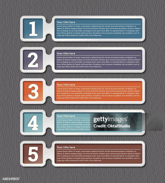 five multicolored infographic labels - list infographic stock illustrations