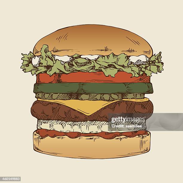 a hamburger with several other layers of ingredients - ahi tuna sandwich stock illustrations