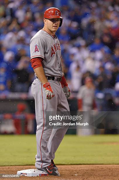 Mike Trout of the Los Angeles Angels looks through the rain during game 3 of the American League Division Series against the Kansas City Royals on...
