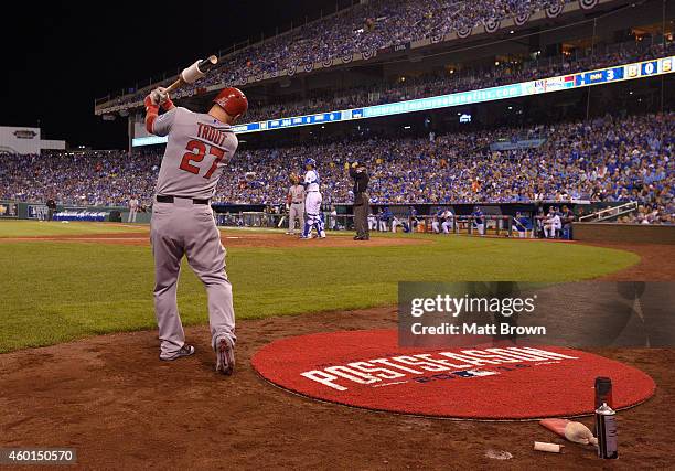 Mike Trout of the Los Angeles Angels of Anaheim stretches in the on deck circle during game 3 of the American League Division Series against the...