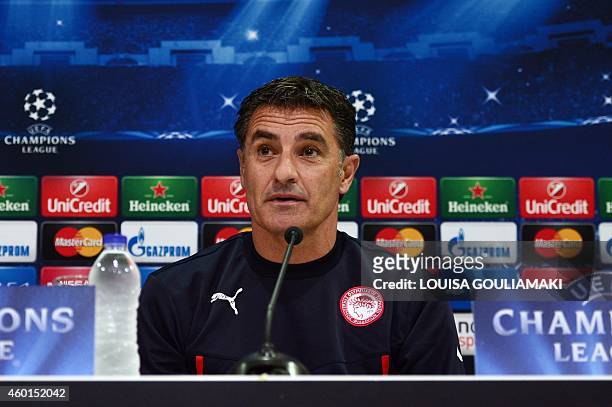 Olympiakos' Spanish coach Michel gives a press conference on the eve on the group A Champions League football match Olympiakos vs Malmo at the...