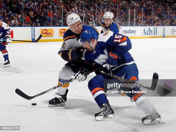 Cal Clutterbuck of the New York Islanders is held up Kevin Shattenkirk of the St. Louis Blues at the Nassau Veterans Memorial Coliseum on December 6,...