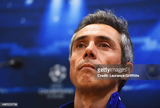 Basel coach Paulo Sousa talks during a press conference ahead of the UEFA Champions League match against Liverpool at Anfield on December 8, 2014 in...