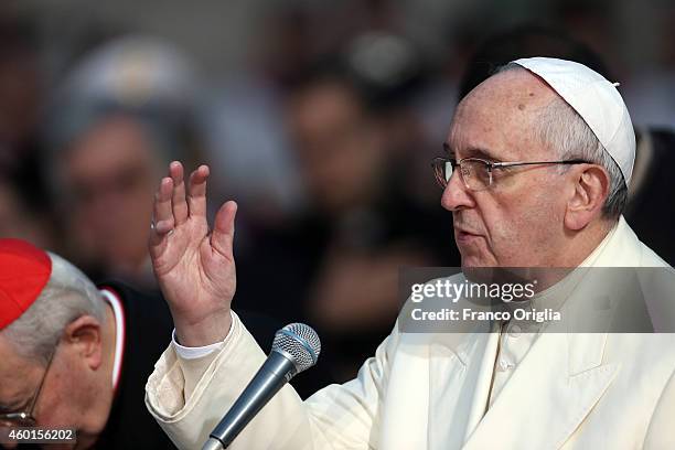 Pope Francis delivers his blessing in front of the statue of the Immaculate Conceptionon at Spanish Steps on December 8, 2014 in Rome, Italy. Pope...